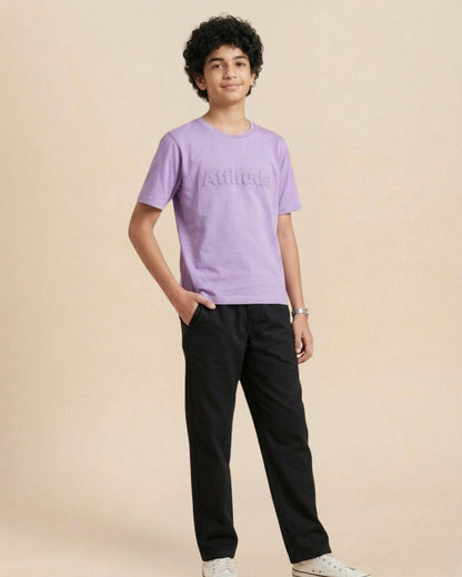 Mauve Premium Cotton Typographic Printed T-Shirt with Black Pyjama for Boys
