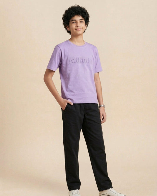 Mauve Premium Cotton Typographic Printed T-Shirt with Black Pyjama for Boys