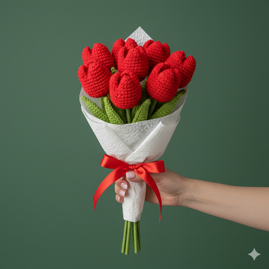 Handmade Crochet Red Tulip Jumbo Bouquet