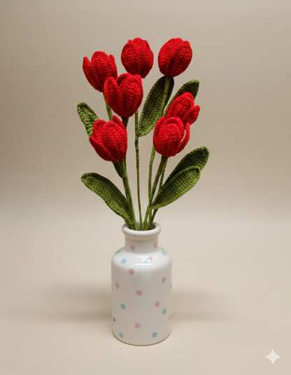 Handmade Crochet Premium Organic Thread Red Tulip Bouquet