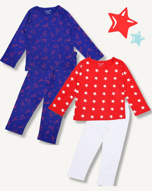 Blue & Red Pure Cotton Full Sleeves Printed T-shirt & Pyjama Set for Boys - Pack of 2