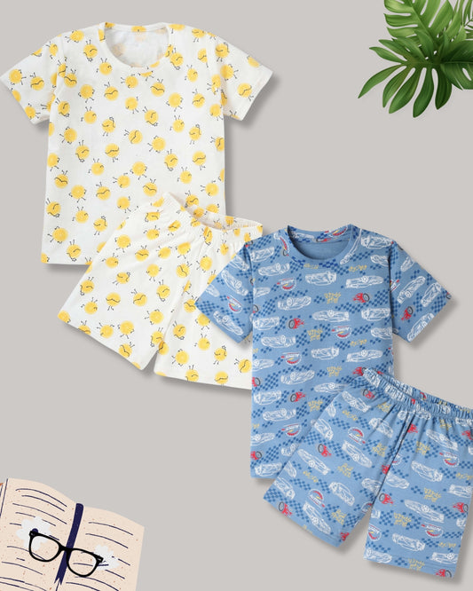 Blue & Yellow Pure Cotton Half Sleeves Car & Lemon Printed Shorts Set for Boys - Pack of 2