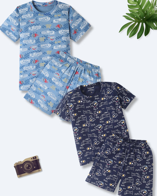 Blue & Black Pure Cotton Half Sleeves Car & Puppy Printed Shorts Set for Boys - Pack of 2