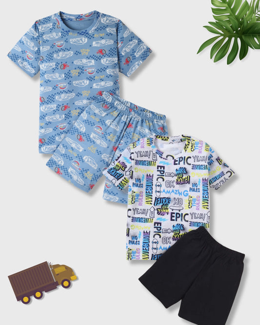 Blue & Black Pure Cotton Half Sleeves Typographic Printed T-shirt & Shorts Set for Boys - Pack of 2