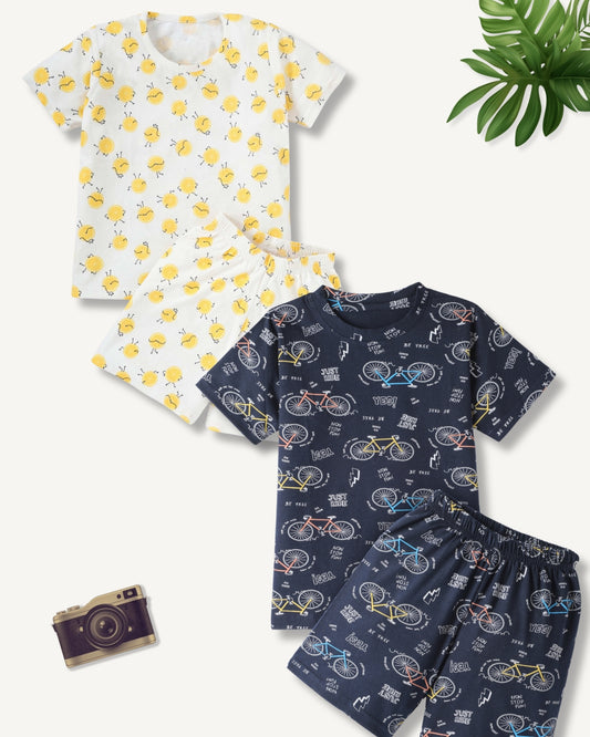 Yellow & Navy Blue Pure Cotton Half Sleeves Lemon & Bicycle Printed T-shirt & Shorts Set for Kids - Pack of 2