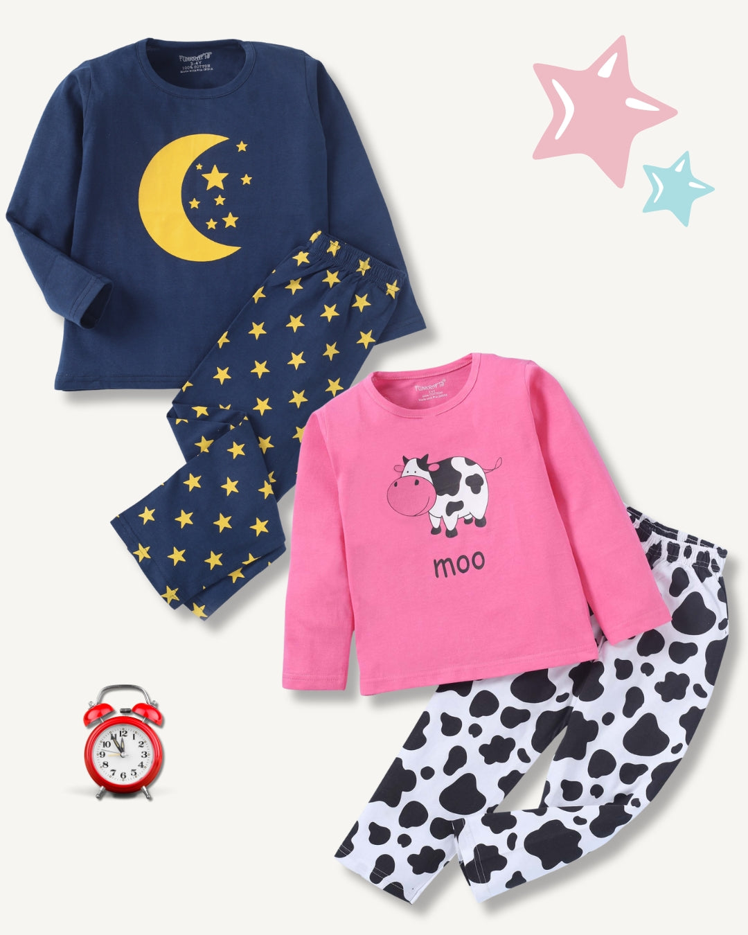 Blue & Pink Pure Cotton Knitted Full Sleeves Star & Cow Printed Nightsuit for Girls - Pack of 2