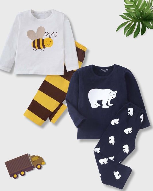 Blue & Off White Pure Cotton Knitted Full Sleeves Bear & Bee Printed Nightsuit for Kids (Unisex) - Pack of 2