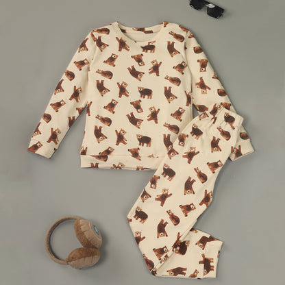 Off White & Brown Bear Printed Pure Cotton Joggers Set with Pockets for Kids