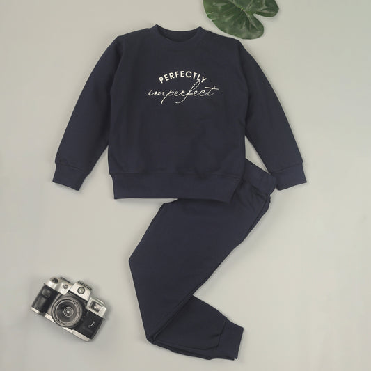Navy Blue Pure Cotton Typographic Joggers Set with Pockets for Boys & Girls