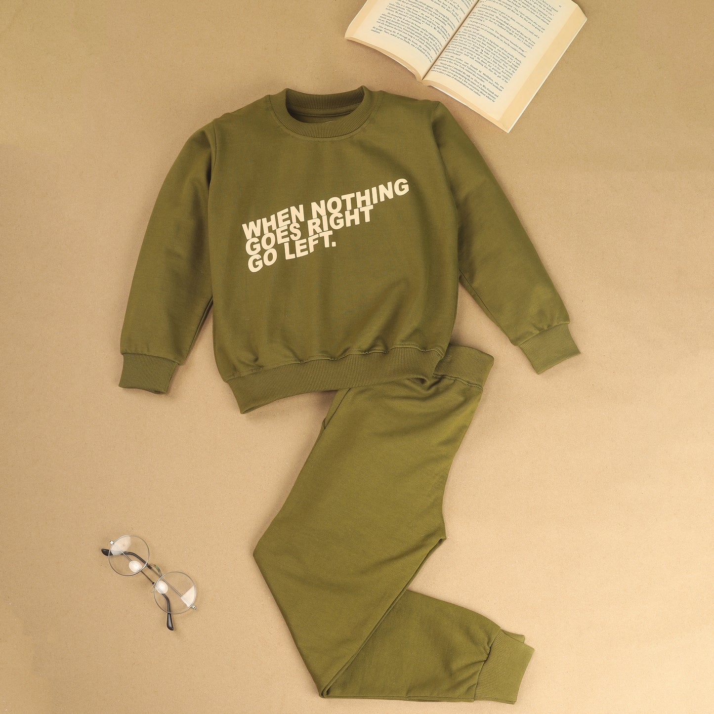 Olive Green #OOTD Pure Cotton Typographic Joggers Set with Pockets for Kids