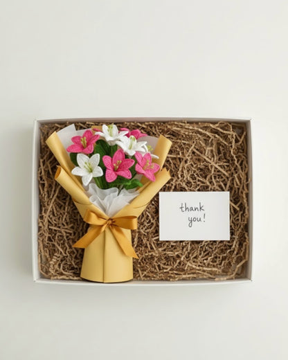 Handmade Crochet White & Pink Lily Flower Bouquet