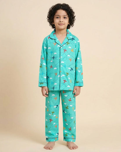 Green Airplane Printed Cotton Kids Night Suit