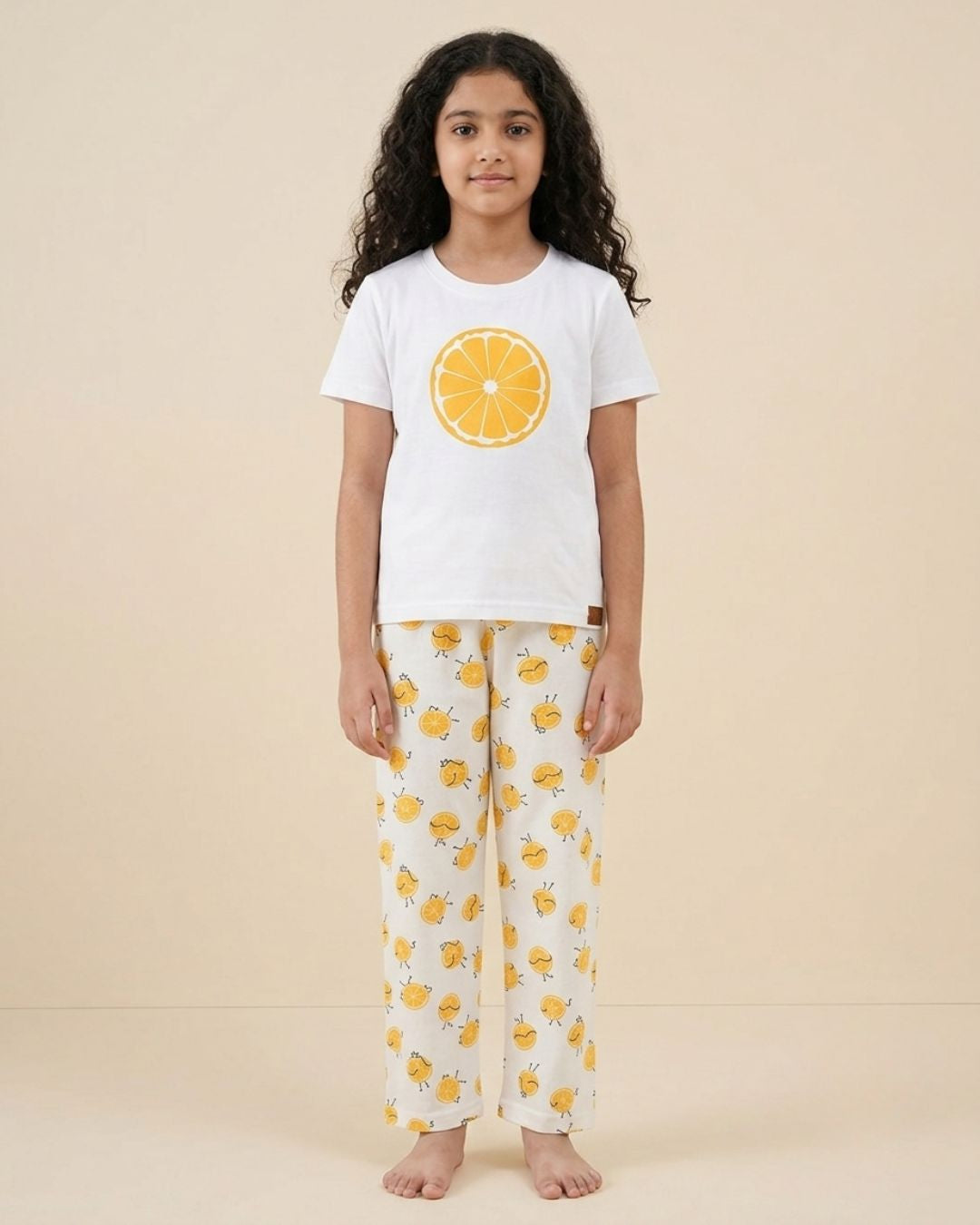 Lemon Printed Premium Cotton Half Sleeves White T-Shirt with Yellow Pyjama for Girls