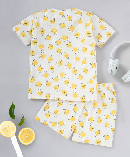 White Unisex Lemon Printed Cotton Co-ord Set for Kids