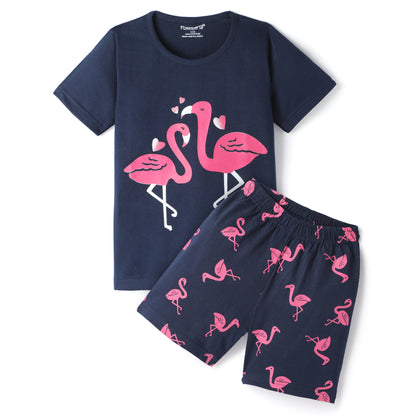 Navy Blue & Grey Pure Cotton Half Sleeves Printed Shorts Set for Girls - Pack of 2