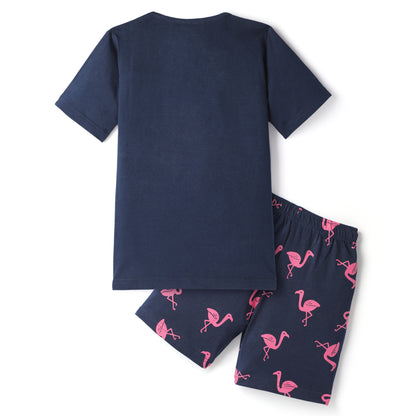 Navy Blue & Mauve Pure Cotton Half Sleeves Printed Shorts Set for Girls - Pack of 2