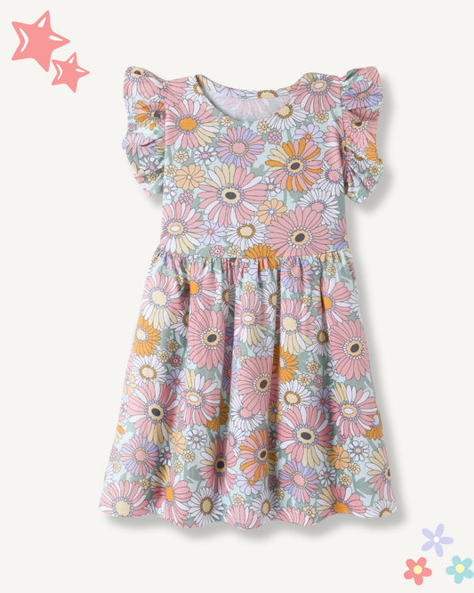 Pink Premium Cotton Single Jersey With Bio Finish Half Flutter Sleeves Floral Printed Frock for Girls
