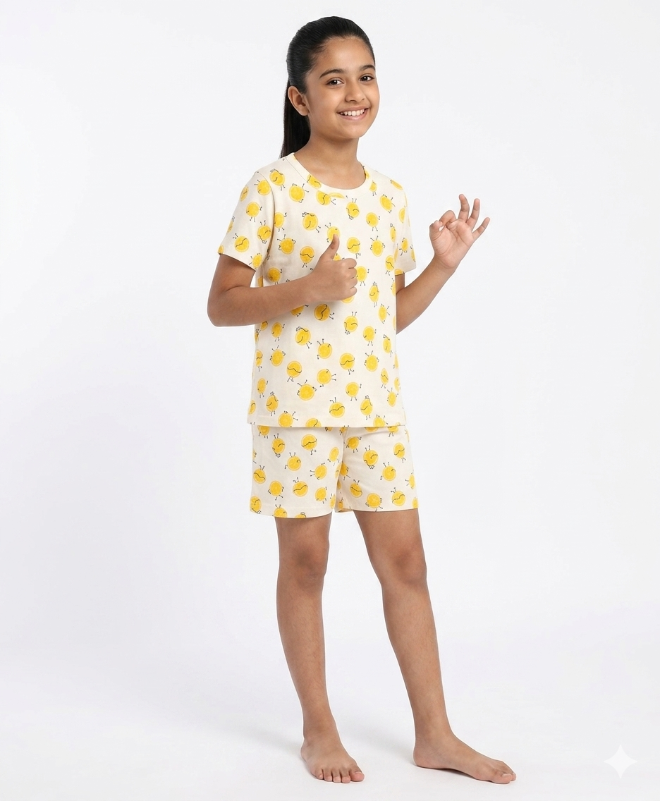 White Unisex Lemon Printed Cotton Co-ord Set for Kids