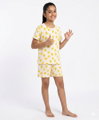 White Unisex Lemon Printed Cotton Co-ord Set for Kids