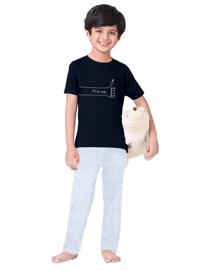 Blue & Grey Typographic Printed Cotton Night Suit For Boys