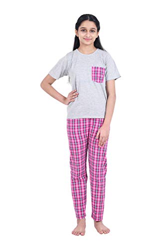 Pink & Grey Checks Printed Cotton Nightwear for Girls