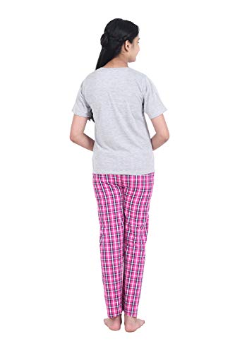 Pink & Grey Checks Printed Cotton Nightwear for Girls