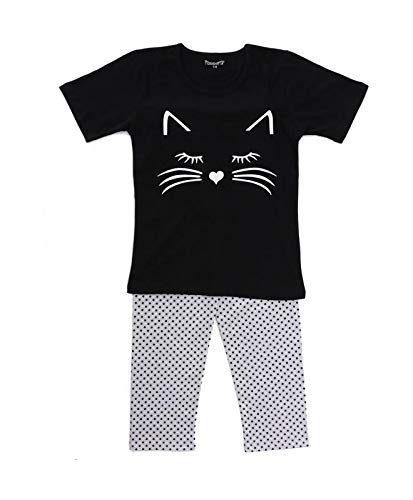 Black & Grey Cat Printed Cotton Night Suit for Girls