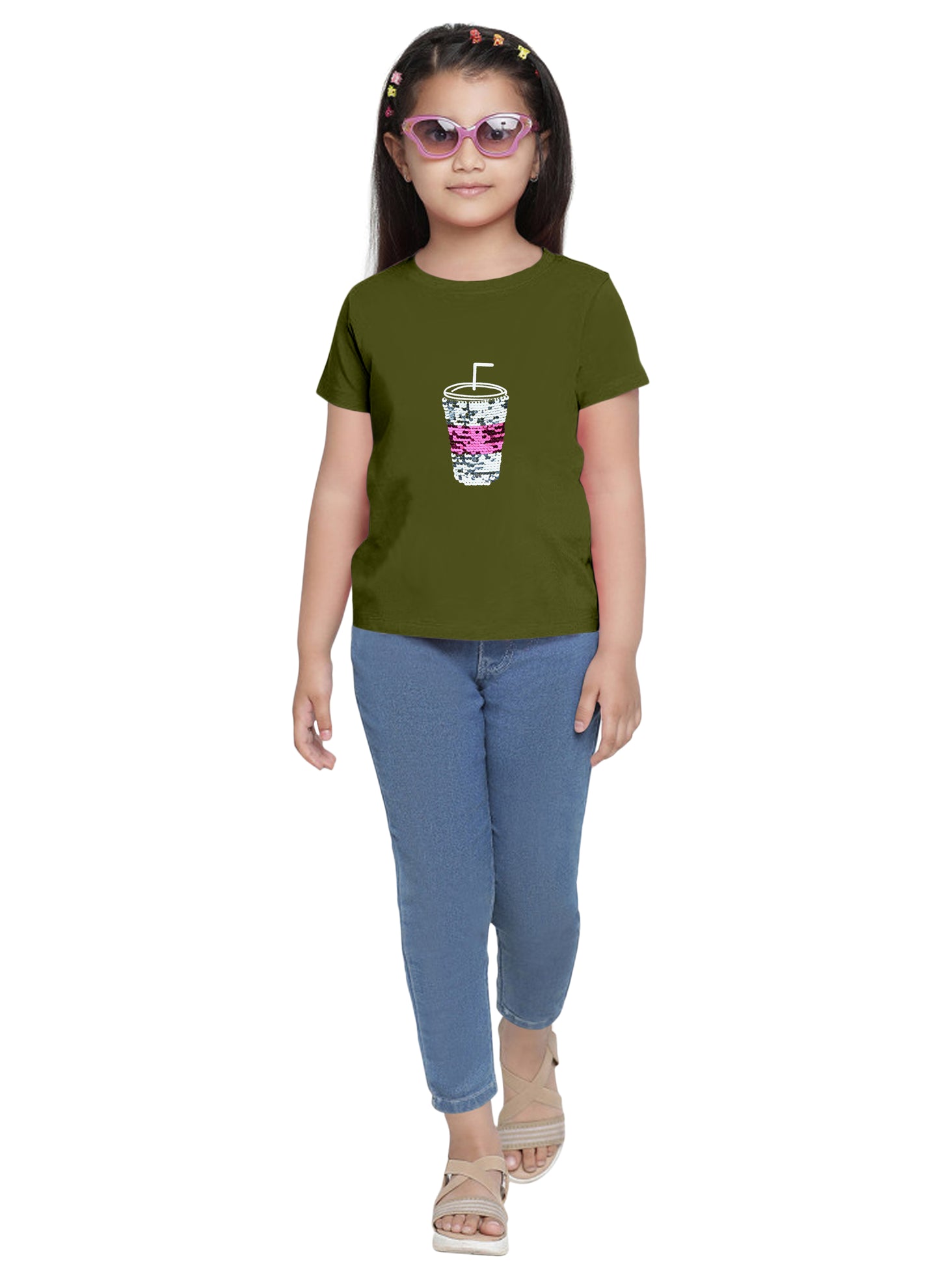 Olive Green Girls Sequin T-shirt