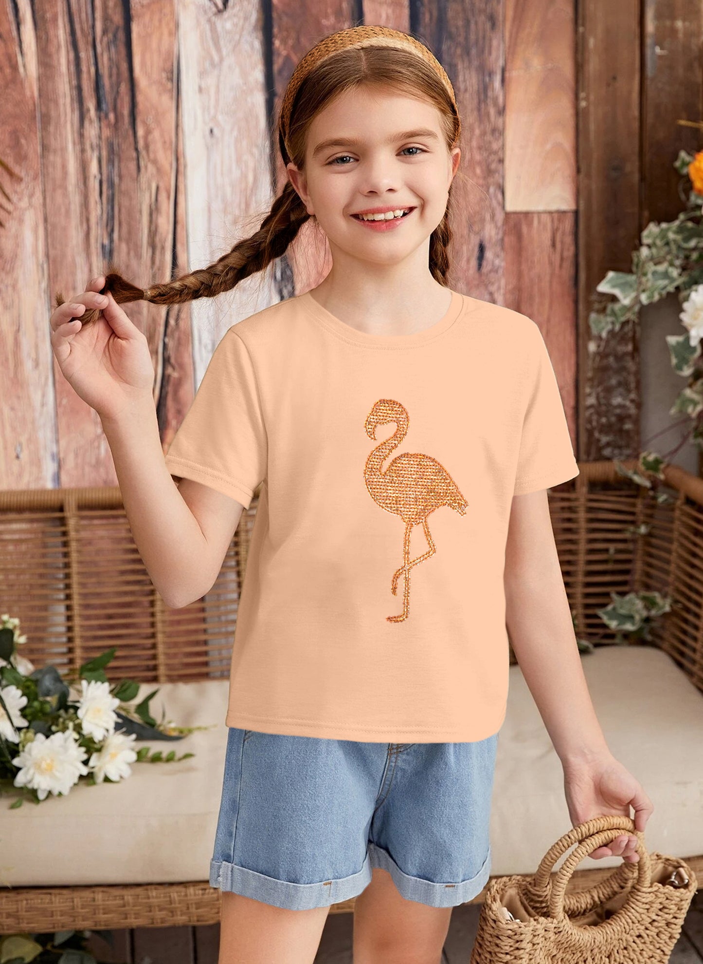 Peach Girls Sequin Printed Cotton T-shirt