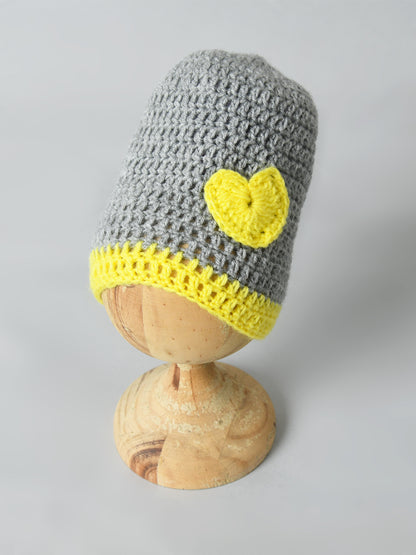 Grey & Yellow Handmade Woollen Baby Cap with Heart