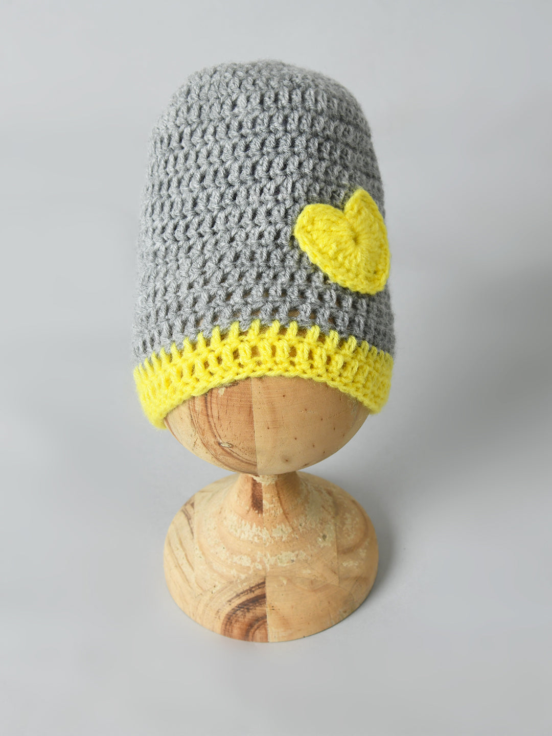 Grey & Yellow Handmade Woollen Baby Cap with Heart