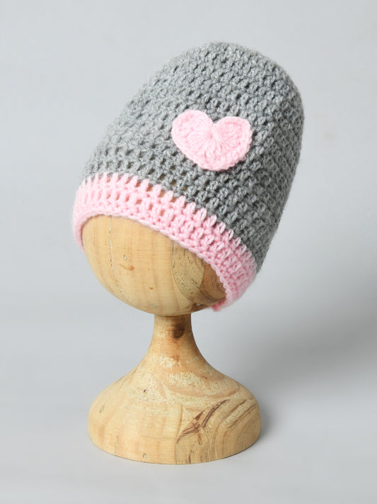 Grey & Pink Handmade Woollen Baby Caps with Heart