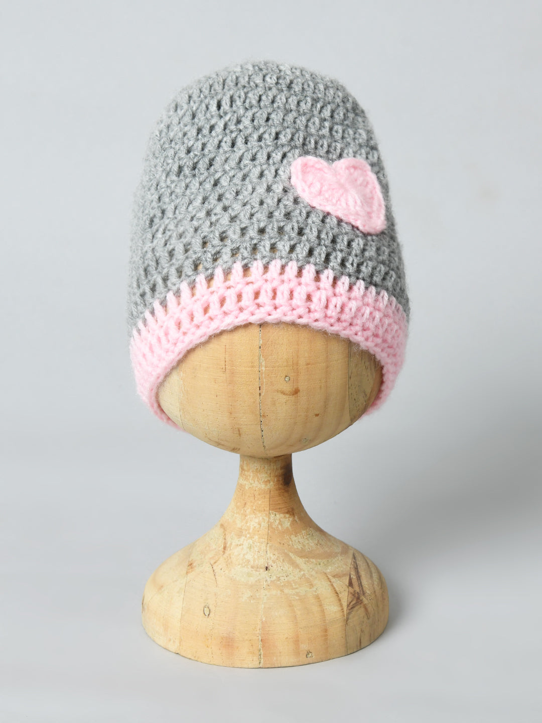 Grey & Pink Handmade Woollen Baby Caps with Heart