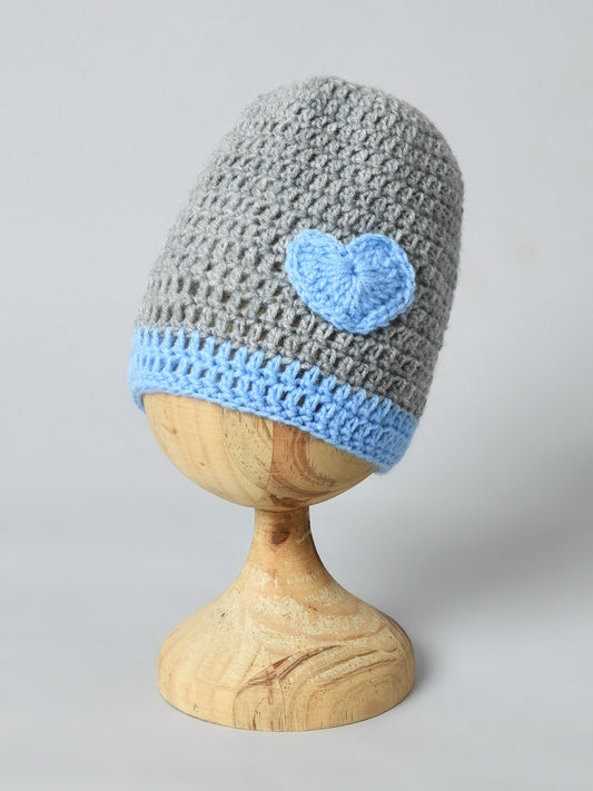 Grey & Blue Handmade Woollen Baby Cap with Heart