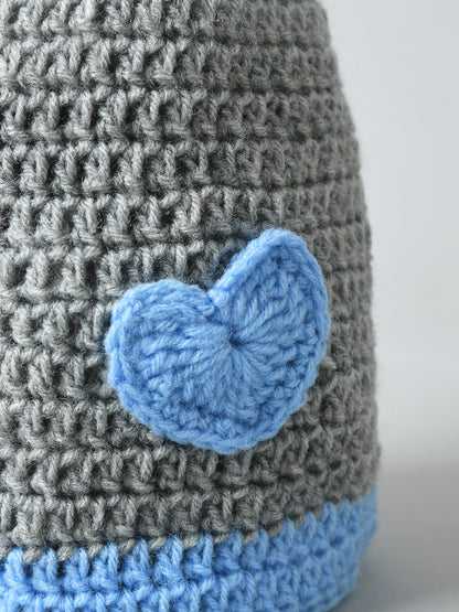 Grey & Blue Handmade Woollen Baby Cap with Heart