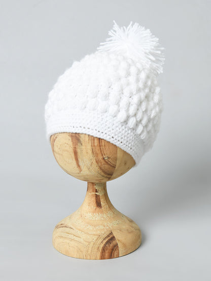 White Handmade Woollen Pom Pom Cap for kids