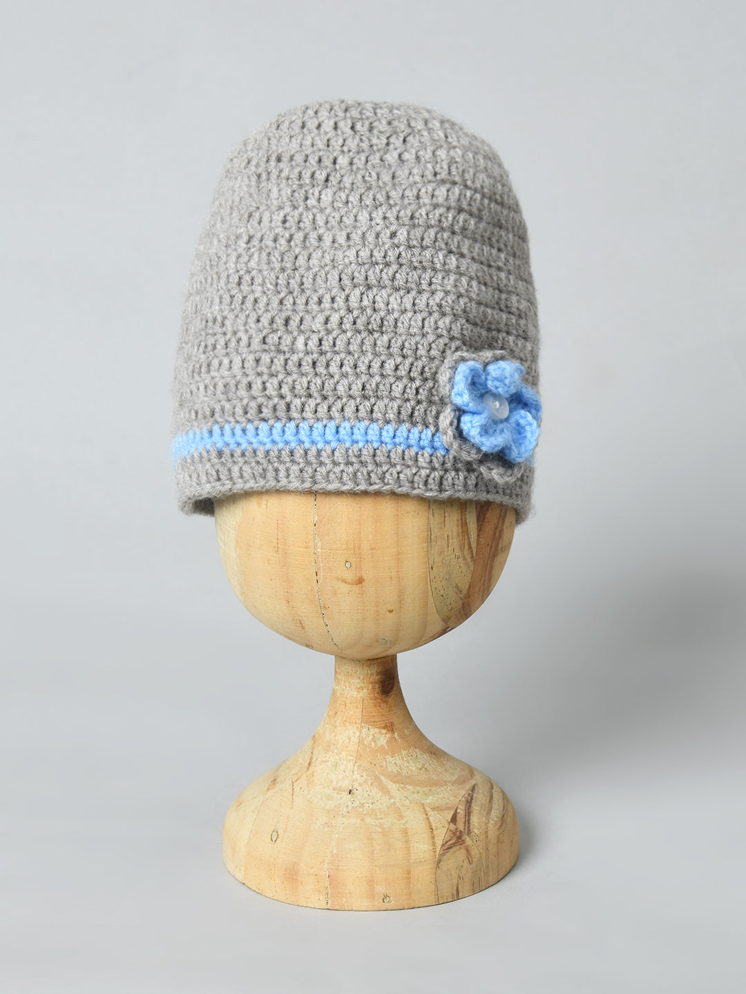 Grey & Blue Handmade Woollen Cap with Flower