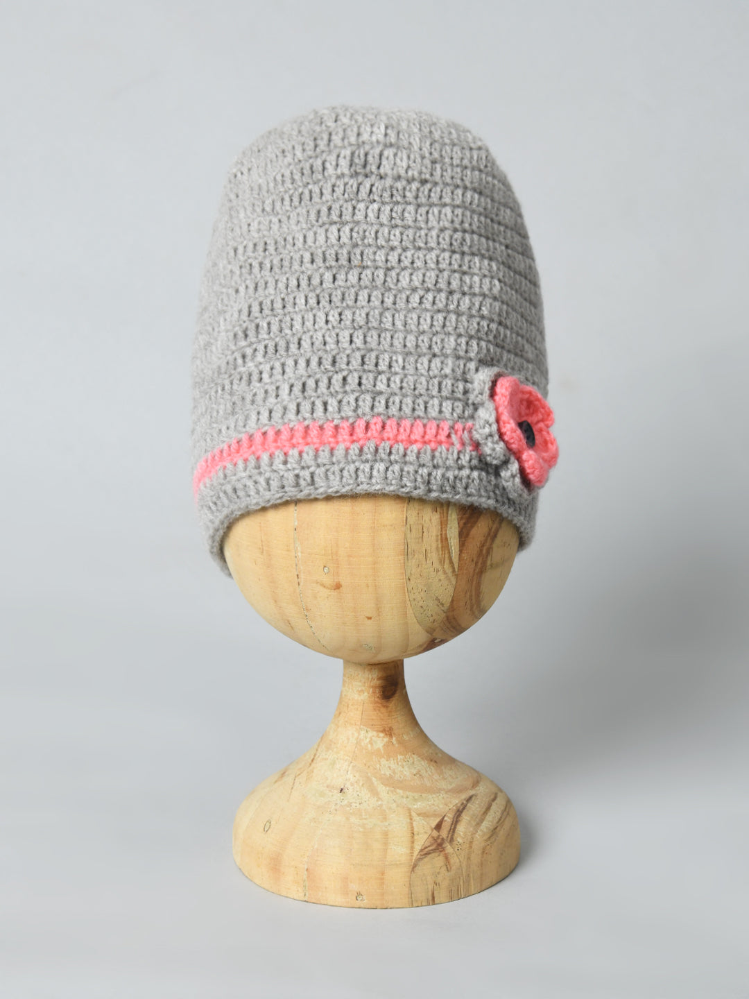 Grey & Pink Handmade Woollen Cap with Flower