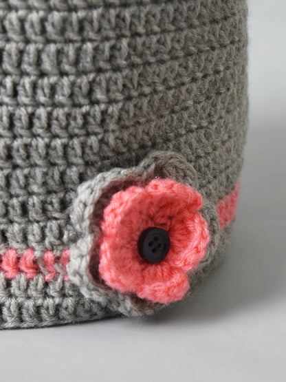 Grey & Pink Handmade Woollen Cap with Flower