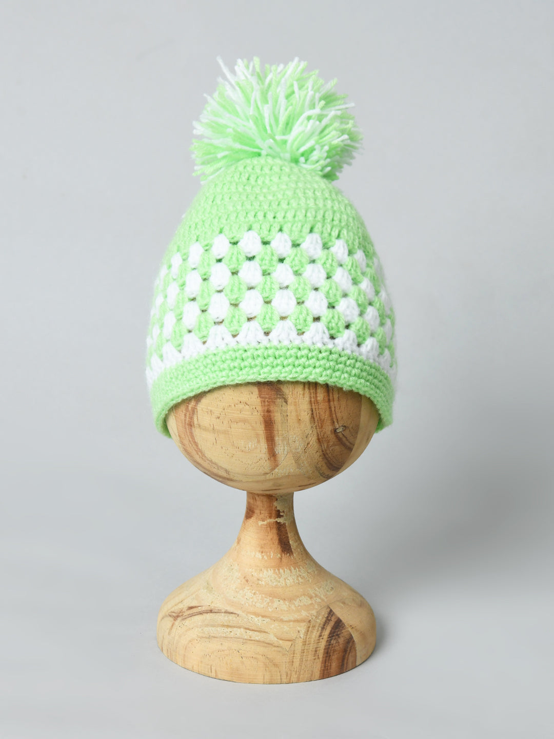 Green & White Handmade Woollen Pom Pom Cap for Kids