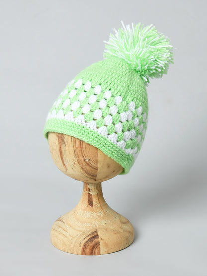Green & White Handmade Woollen Pom Pom Cap for Kids
