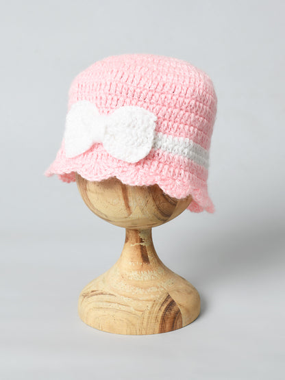 Pink & White Handmade Woollen Cap with Bow for Girls