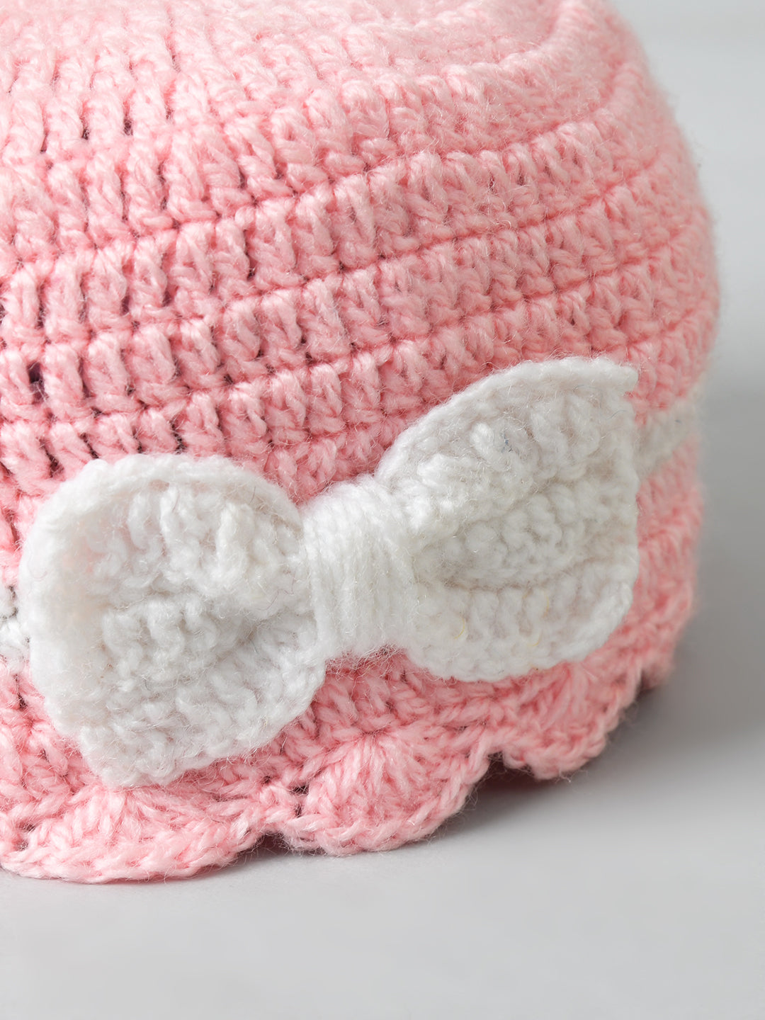 Pink & White Handmade Woollen Cap with Bow for Girls