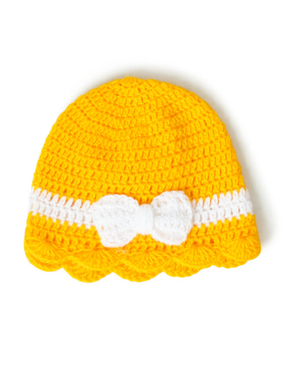 Yellow & White Handmade Woollen Cap with Bow for Girls