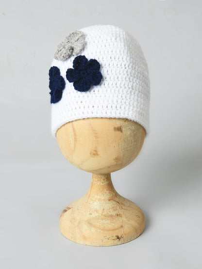 White Handmade Woollen Cap with Flower for Girls