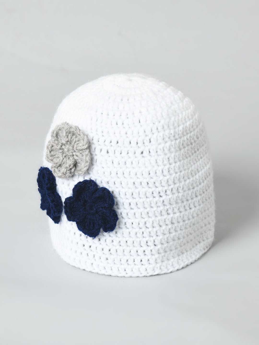 White Handmade Woollen Cap with Flower for Girls