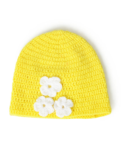 Yellow Handmade Woollen Cap with Flower for Girls