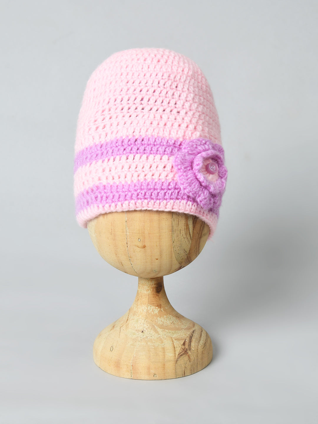 Pink Handmade Woolen Cap for Girls with Flower