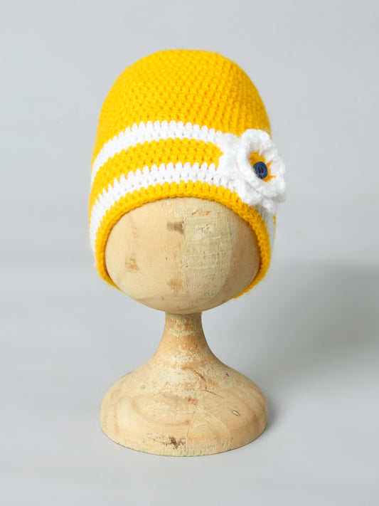 Yellow Handmade Woollen Cap for Girls with Flower