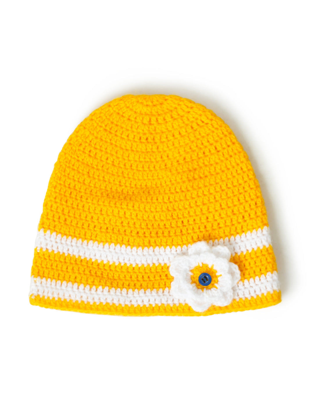Yellow Handmade Woollen Cap for Girls with Flower
